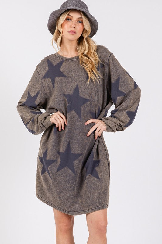 SAGE + FIG Washed Star Print Round Neck Dress Trendsi