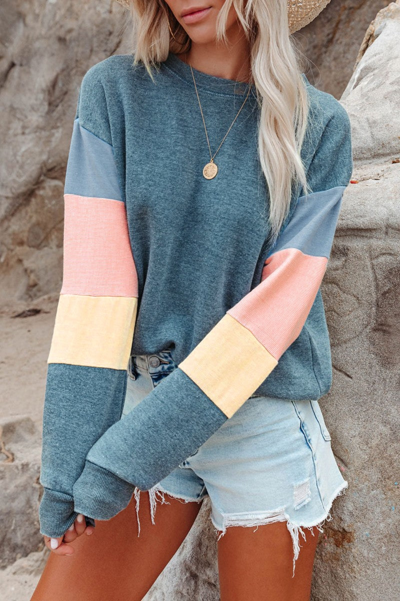 Color Block Round Neck Long Sleeve Sweatshirt Trendsi