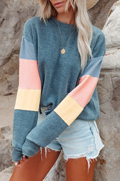 Color Block Round Neck Long Sleeve Sweatshirt Trendsi