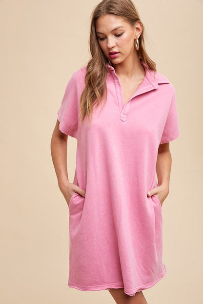 Annie Wear Mineral Washed Johnny Collar Short Sleeve Dress Trendsi