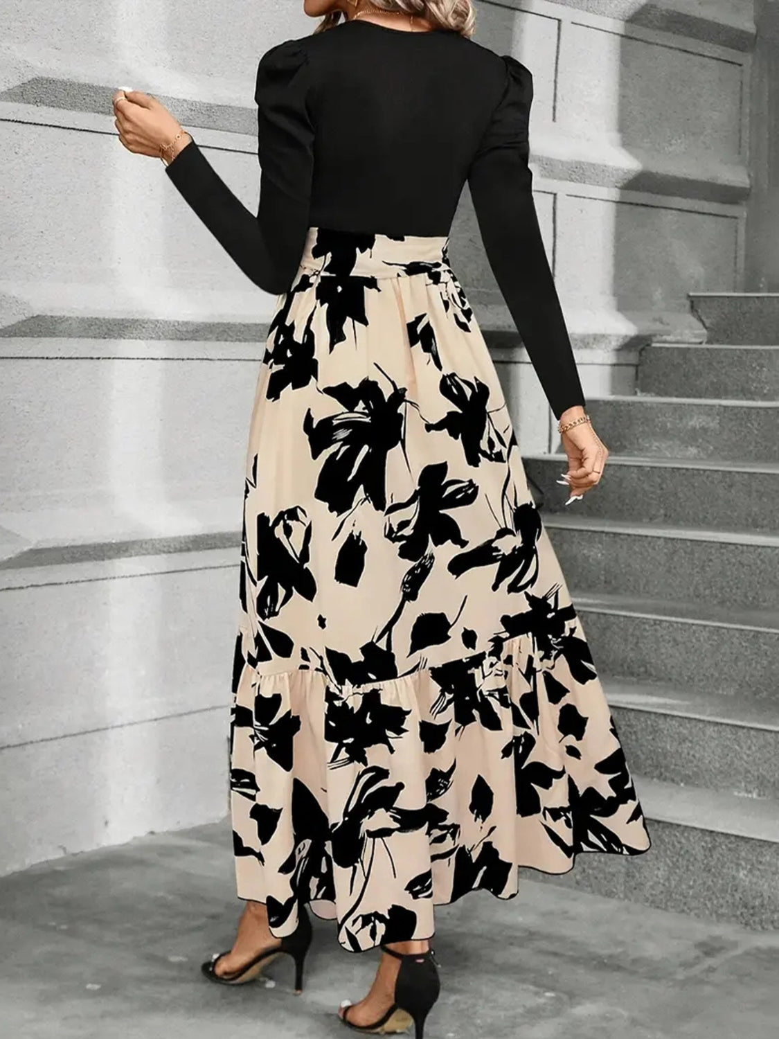 Tied Printed Round Neck Long Sleeve Midi Dress Trendsi