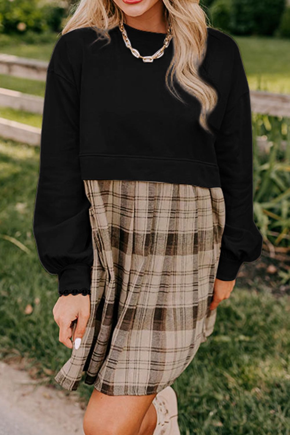 Plaid Round Neck Long Sleeve Mini Dress Trendsi