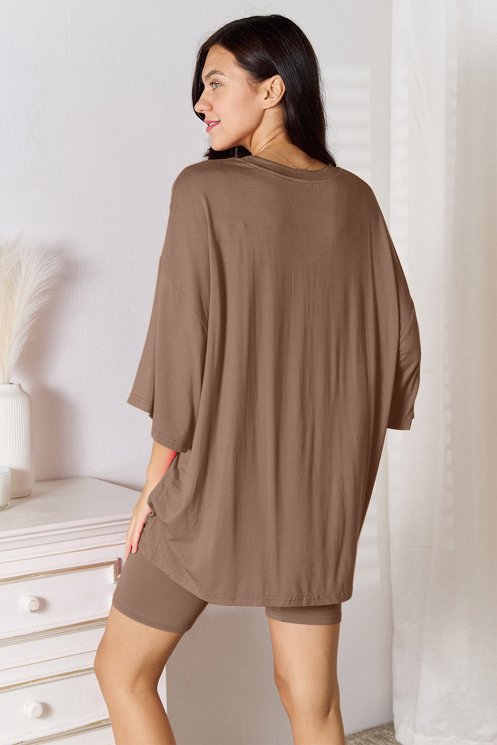 Basic Bae Full Size Soft Rayon Three-Quarter Sleeve Top and Shorts Set Trendsi