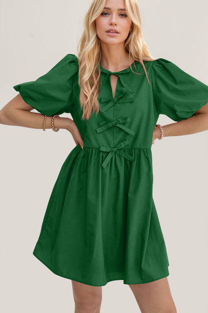 Oh Bow Ruched Puff Sleeve Mini Dress Trendsi