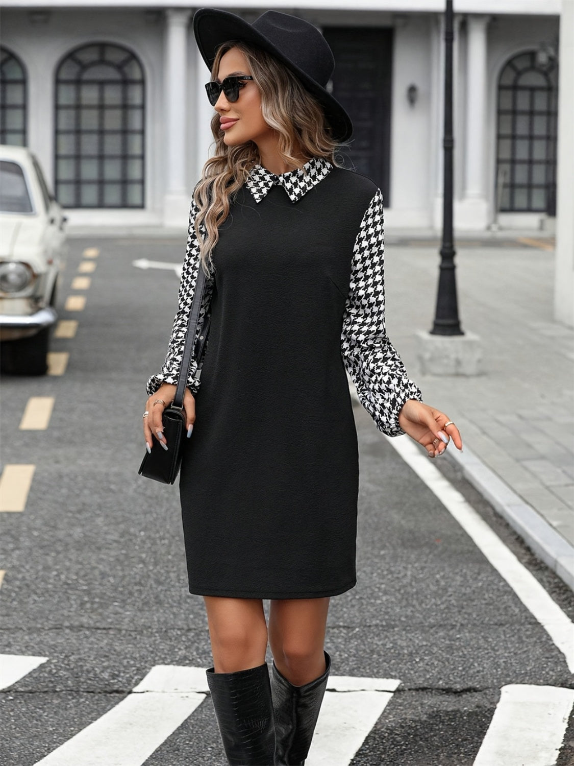 Houndstooth Collared Neck Long Sleeve Mini Dress Trendsi