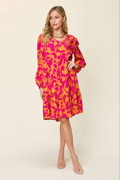 Double Take Full Size Printed Ruffle Hem Dress with Pocket Trendsi