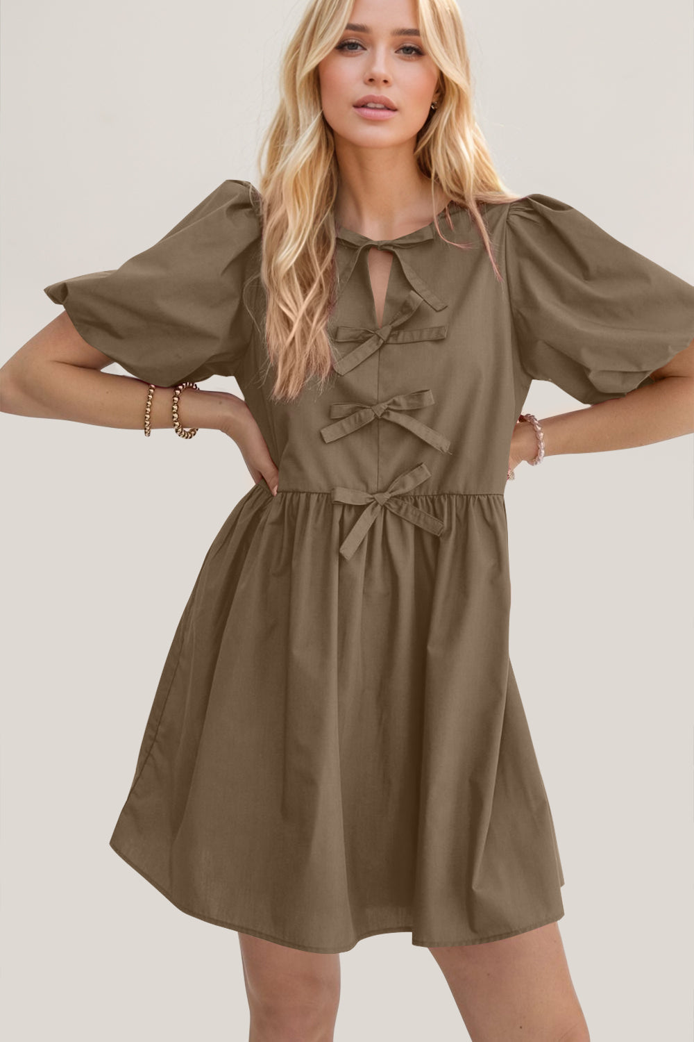 Oh Bow Ruched Puff Sleeve Mini Dress Trendsi