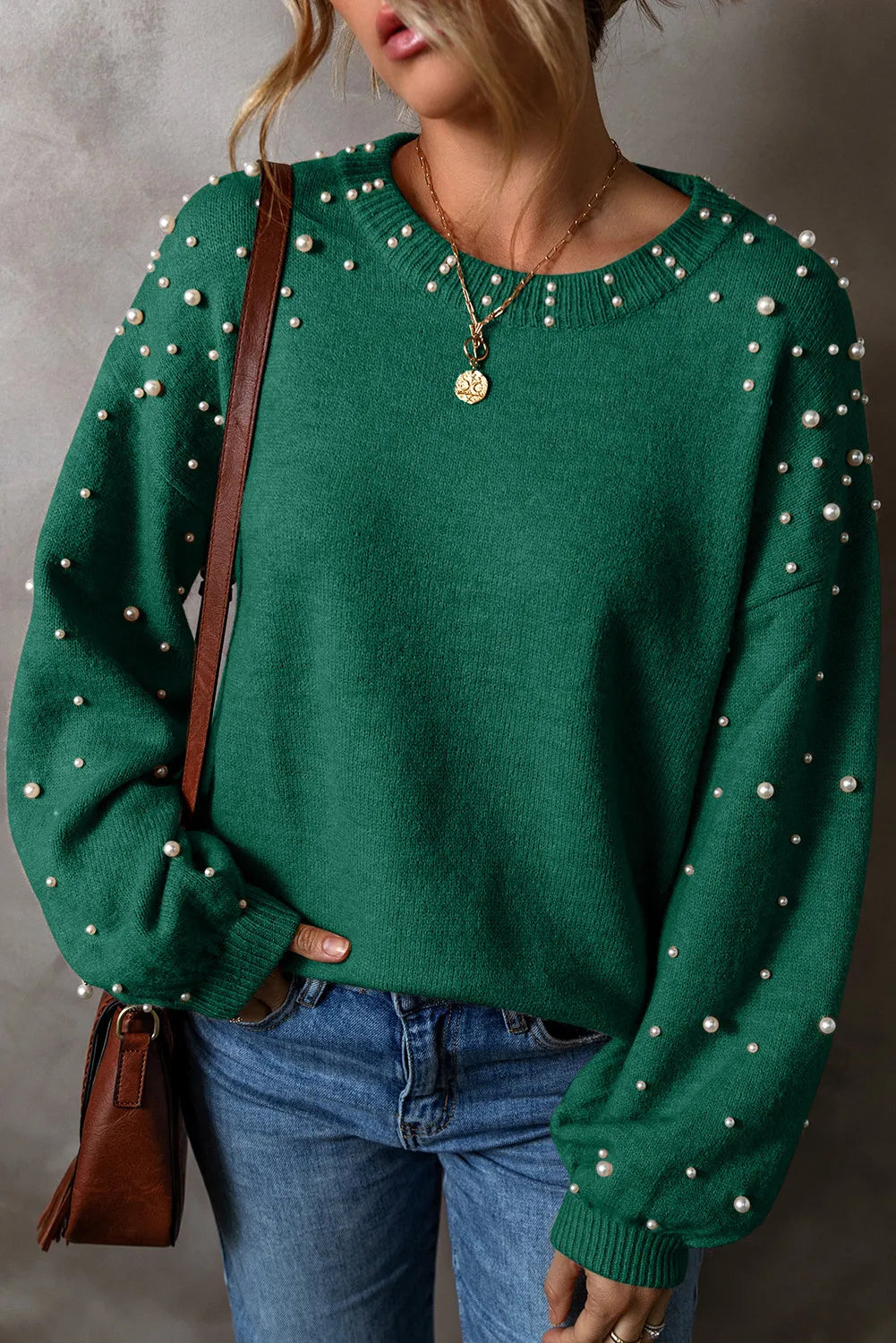 Pearl Detail Round Neck Long Sleeve Sweater Trendsi