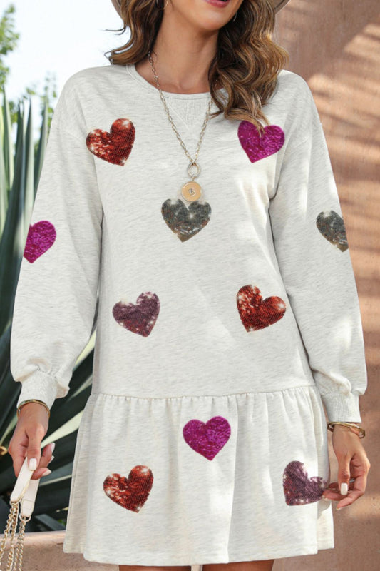 Sequin Heart Round Neck Long Sleeve Mini Dress Trendsi