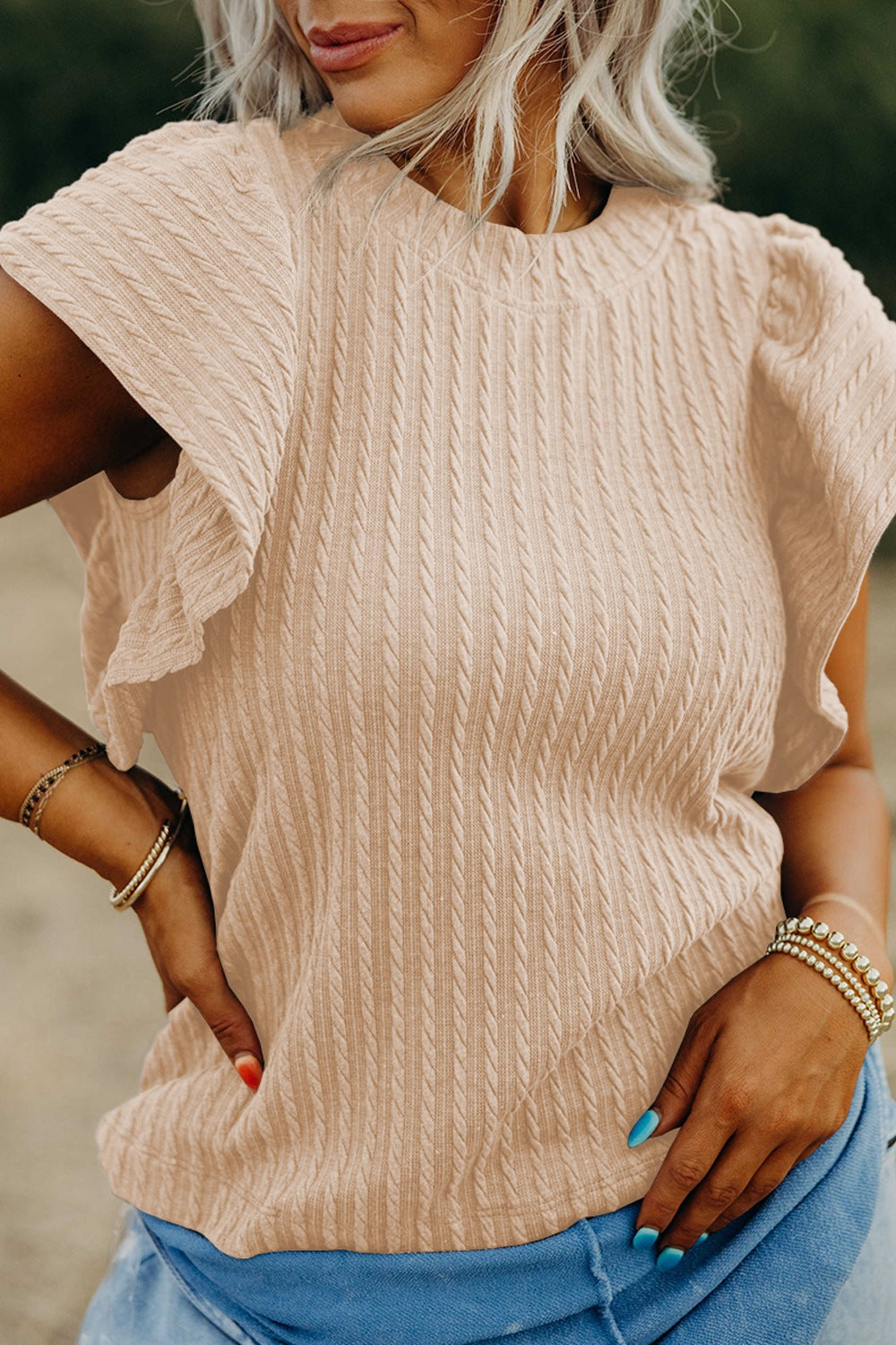 Texture Round Neck Cap Sleeve Top Trendsi