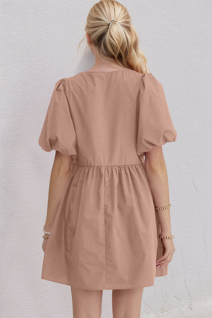 Oh Bow Ruched Puff Sleeve Mini Dress Trendsi