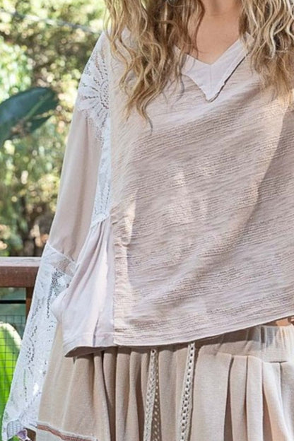 POL Lace Detail V-Neck Flare Sleeve Blouse Trendsi