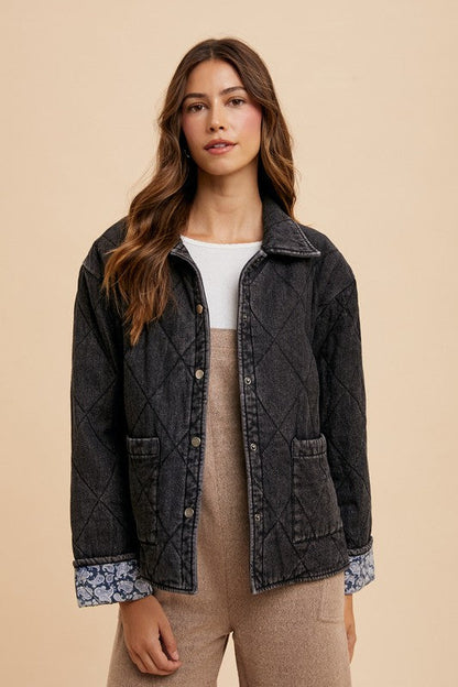 Annie Wear Quilted Printed Lining Snap Down Denim Jacket Trendsi