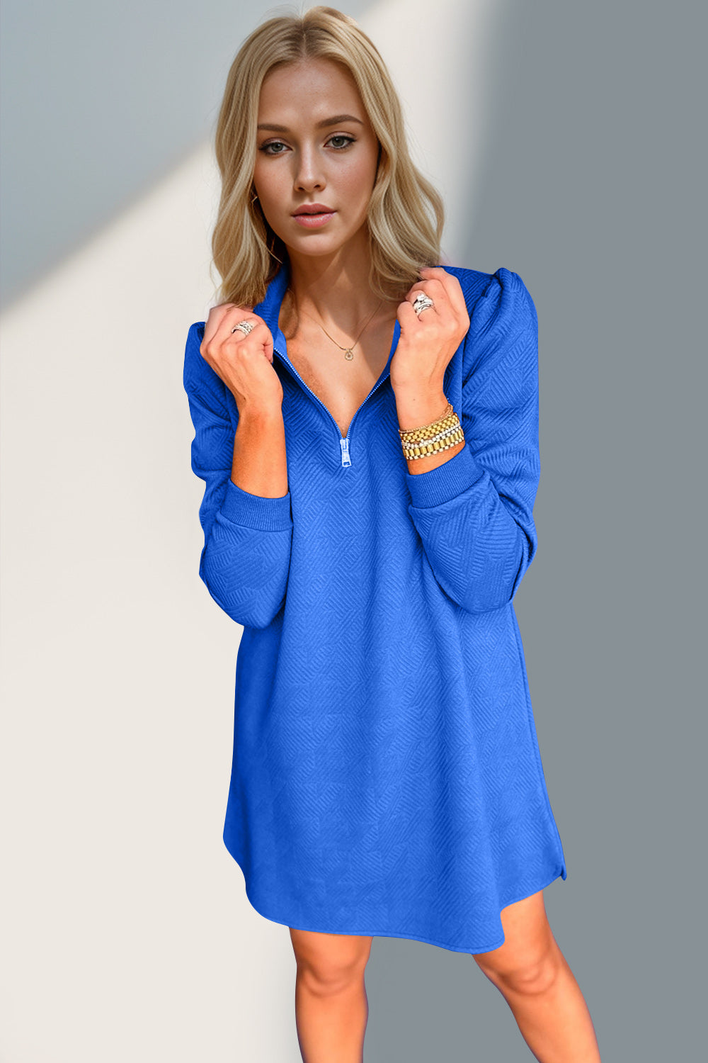 Double Take Textured Quarter Zip Long Sleeve Dress Trendsi