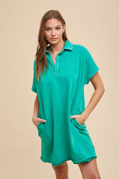 Annie Wear Mineral Washed Johnny Collar Short Sleeve Dress Trendsi