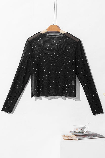 Rhinestone Sheer Mesh Mock Neck Long Sleeve Top Trendsi