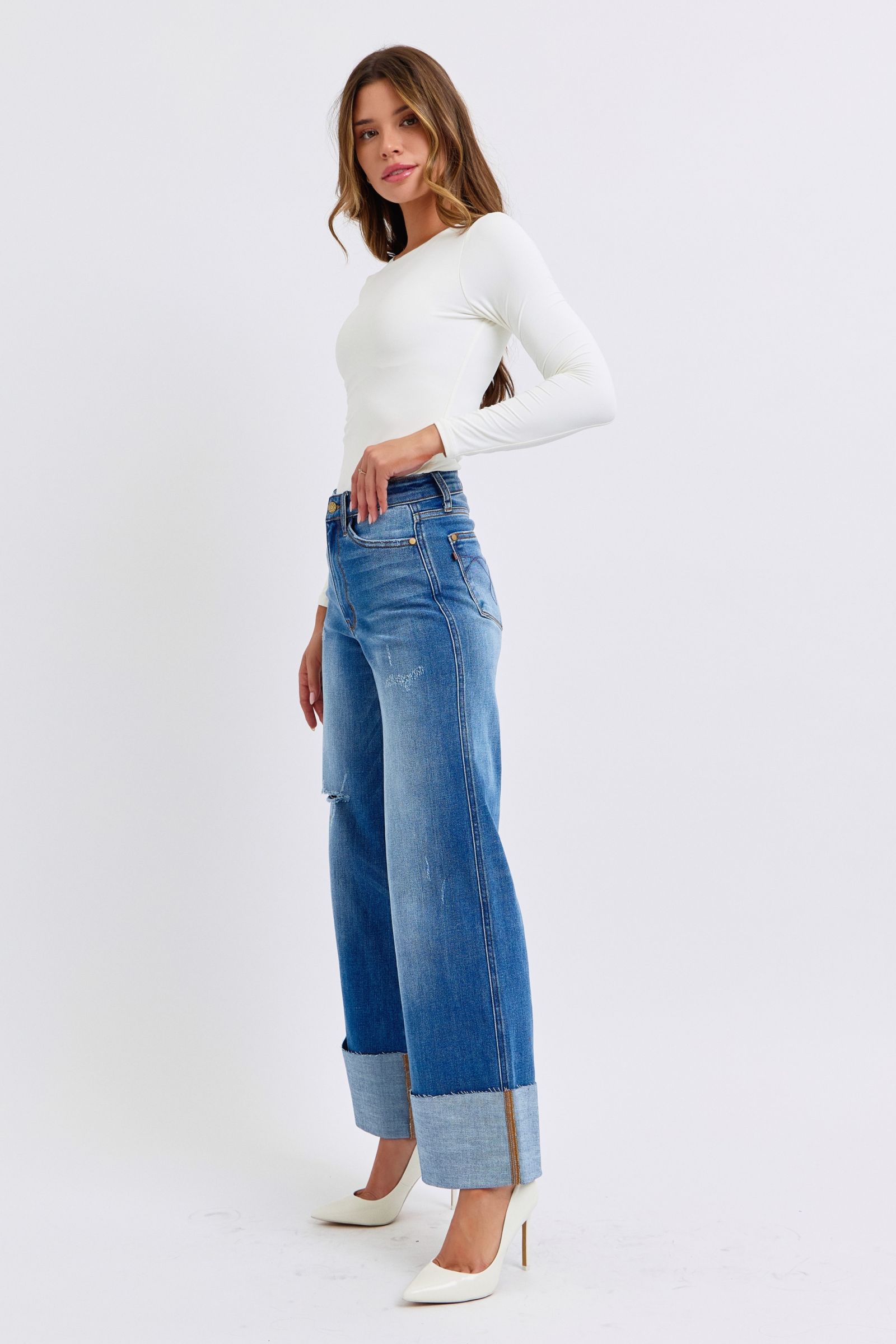 Judy Blue Full Size Distressed High Waist Wide Leg Jeans Trendsi