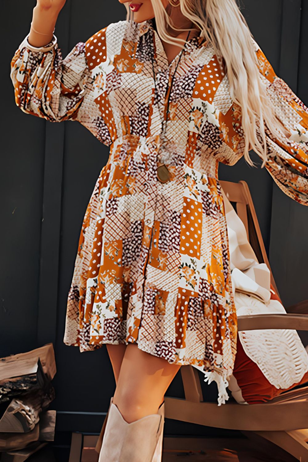 Printed Collared Neck Three-Quarter Sleeve Mini Shirt Dress Trendsi