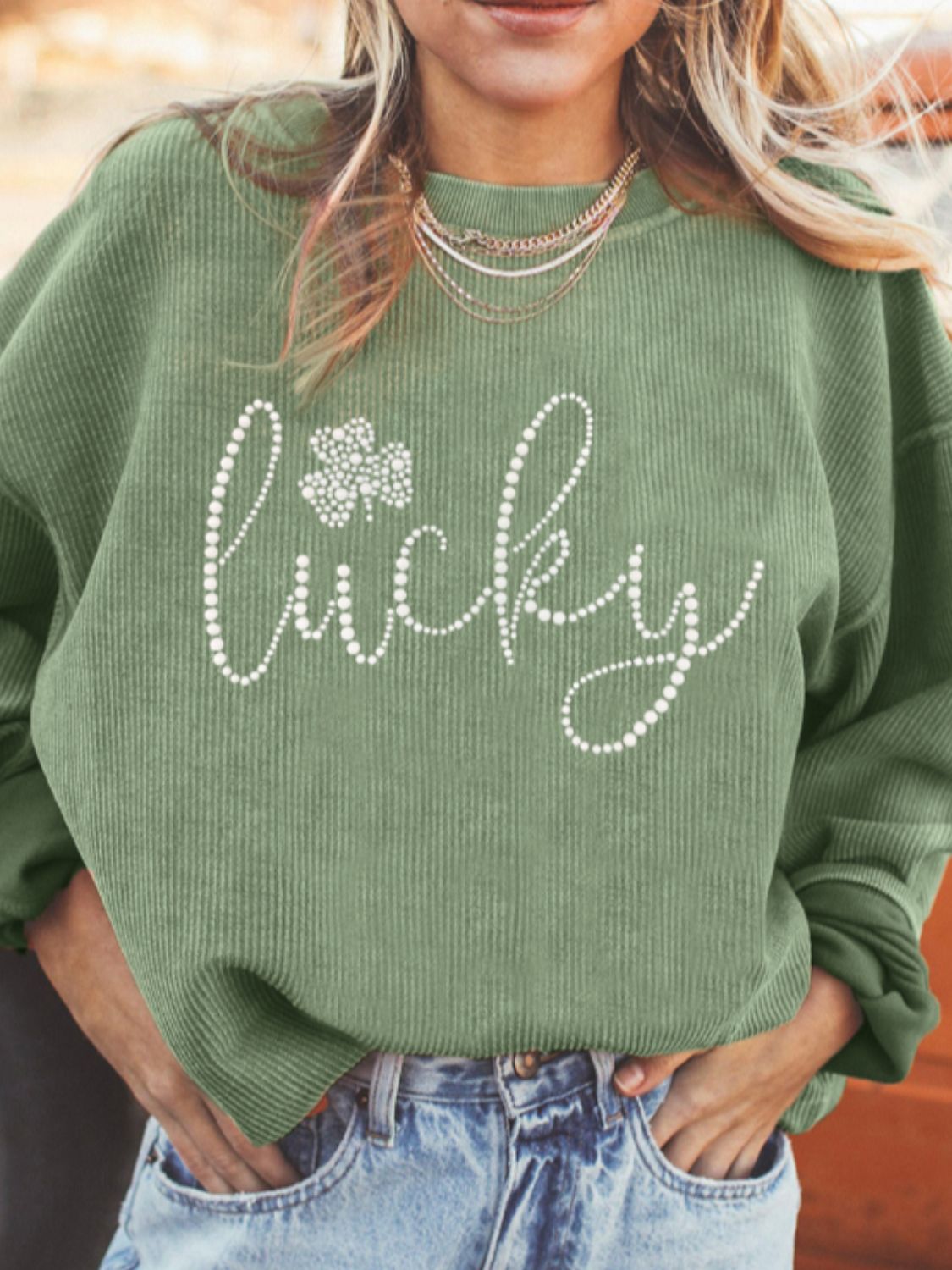 LUCKY Rhinestone Round Neck Long Sleeve Sweatshirt Trendsi