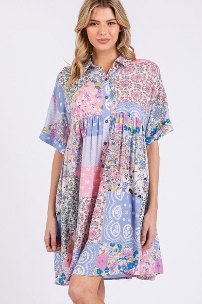 SAGE + FIG Floral Collared Neck Half Sleeve Mini Shirt Dress Trendsi