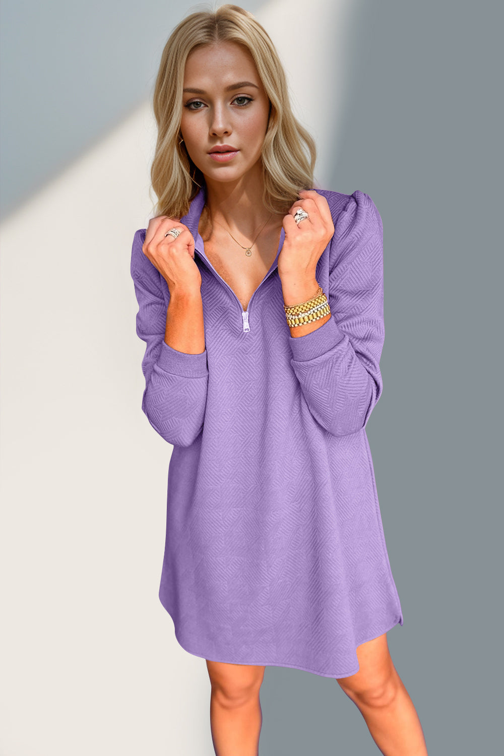 Double Take Textured Quarter Zip Long Sleeve Dress Trendsi