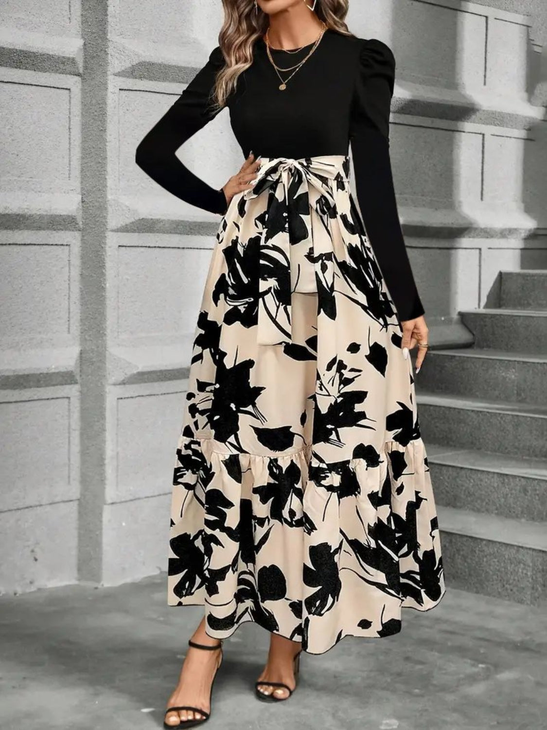 Tied Printed Round Neck Long Sleeve Midi Dress Trendsi