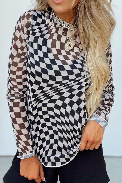 Checkered Mock Neck Long Sleeve Blouse Trendsi