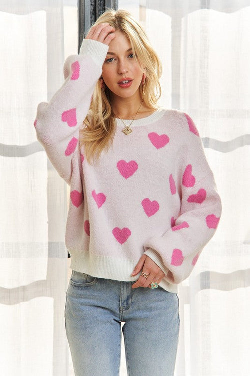 ADORA Heart Round Neck Drop Shoulder Sweater Trendsi