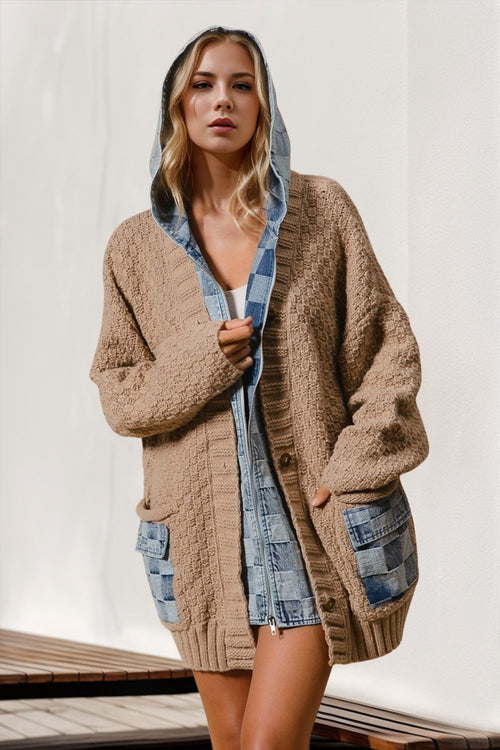 Double Take Full Size Hooded Denim Spliced Sweater Cardigan Trendsi