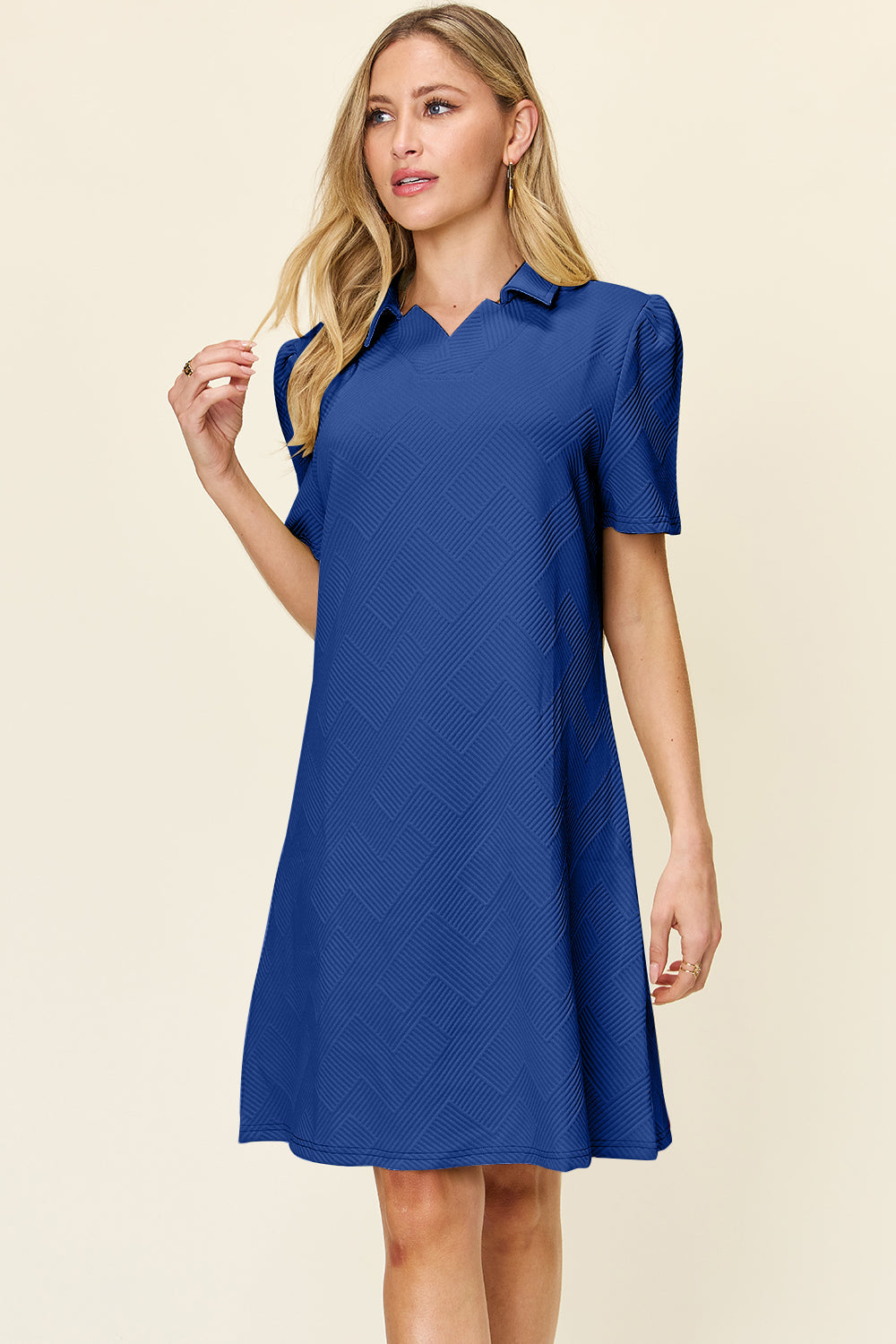 Double Take Full Size Texture Collared Neck Short Sleeve Dress Trendsi