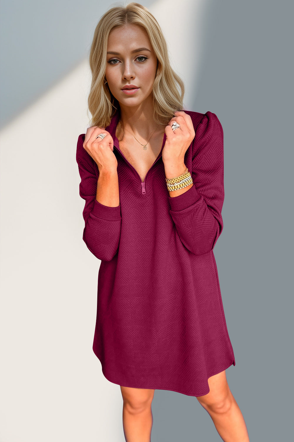 Double Take Textured Quarter Zip Long Sleeve Dress Trendsi