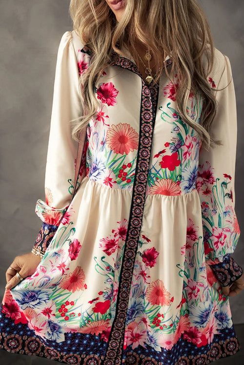 Flower Button Down Lantern Sleeve Dress Trendsi