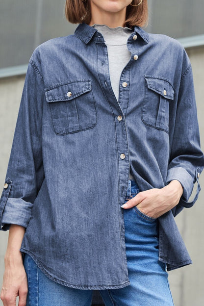 Pocketed Collared Neck Long Sleeve Denim Top Trendsi