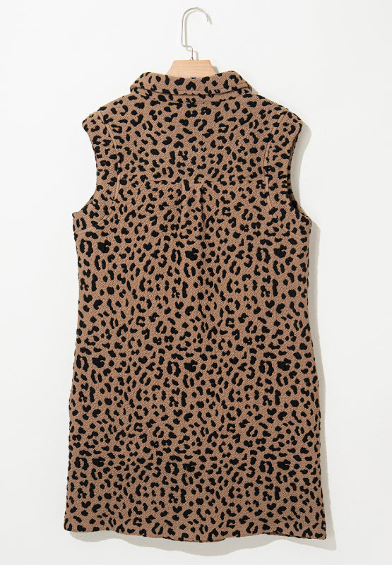 Leopard Johnny Collar Sleeveless Mini Dress Trendsi