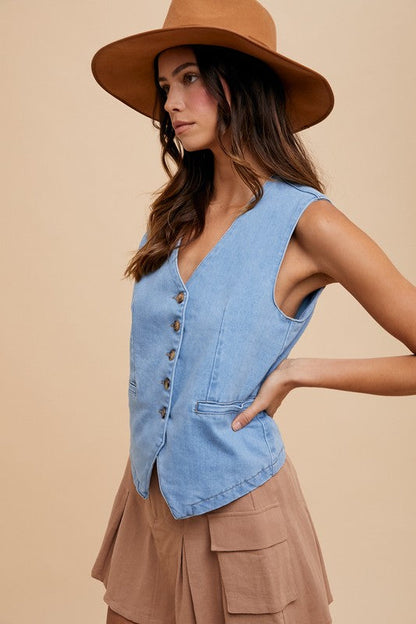 Annie Wear Button Down V-Neck Denim Vest Trendsi