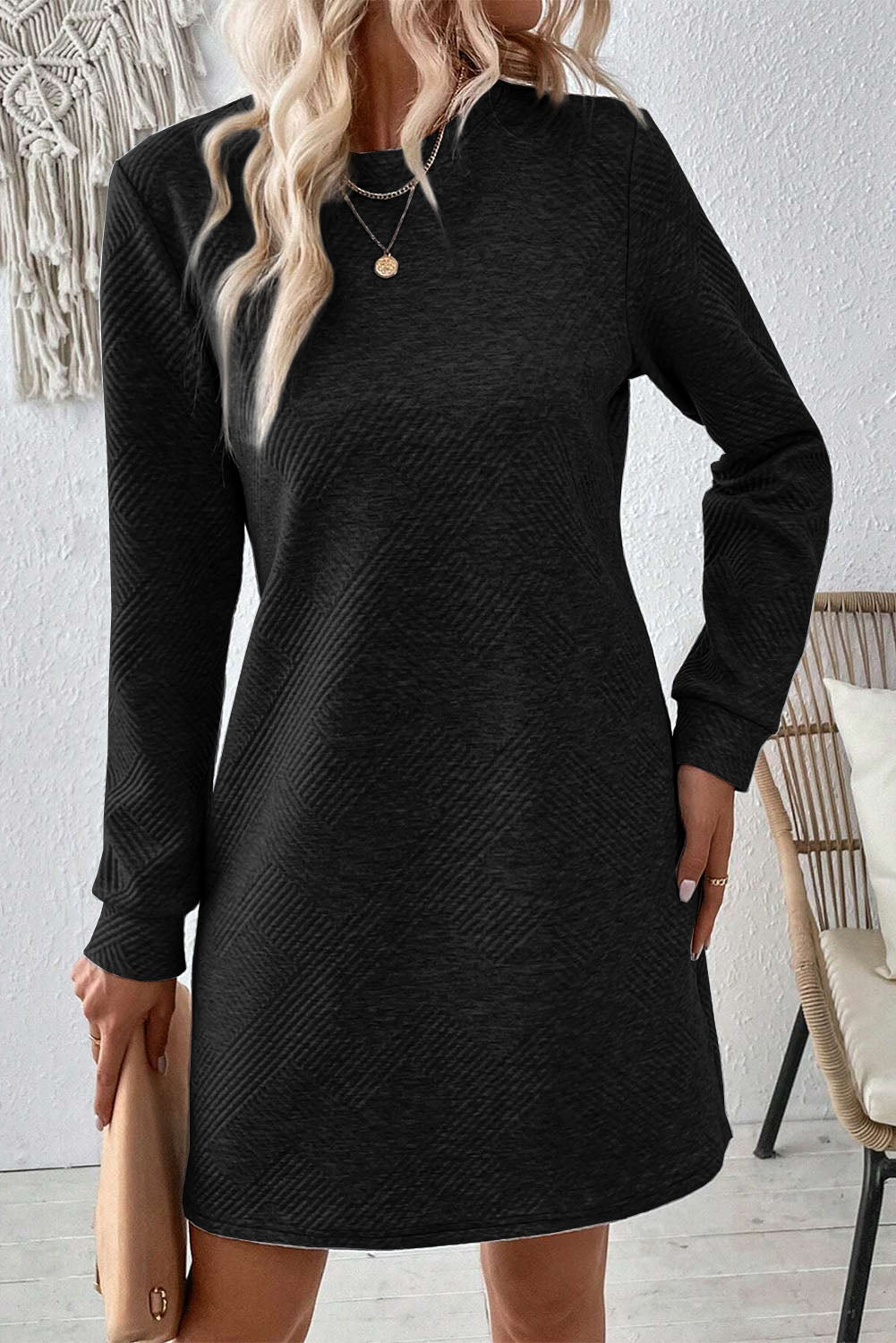 Textured Round Neck Long Sleeve Mini Dress Trendsi