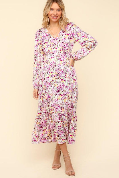 Haptics Full Size Floral V-Neck Long Sleeve Dress with Side Pockets Trendsi