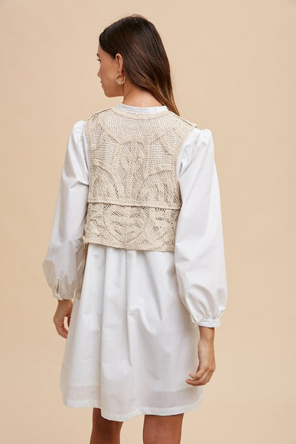 Annie Wear Crochet Vest Notched Long Sleeve Shirt Dress Trendsi