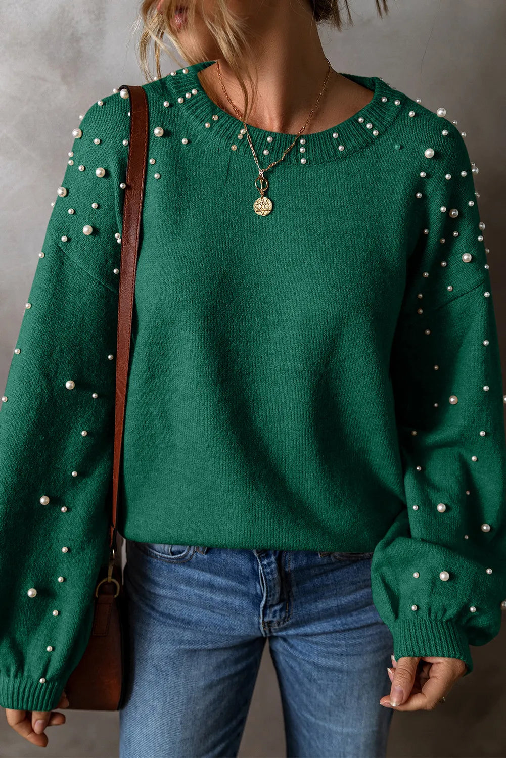 Pearl Detail Round Neck Long Sleeve Sweater Trendsi