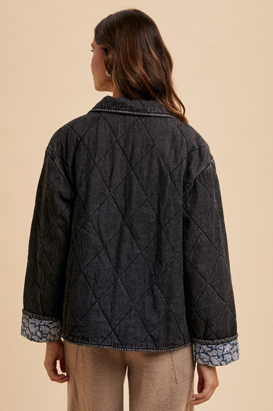 Annie Wear Quilted Printed Lining Snap Down Denim Jacket Trendsi