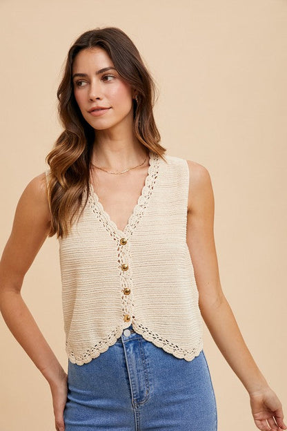 Annie Wear Crochet Trim Button Down Sweater Vest Trendsi