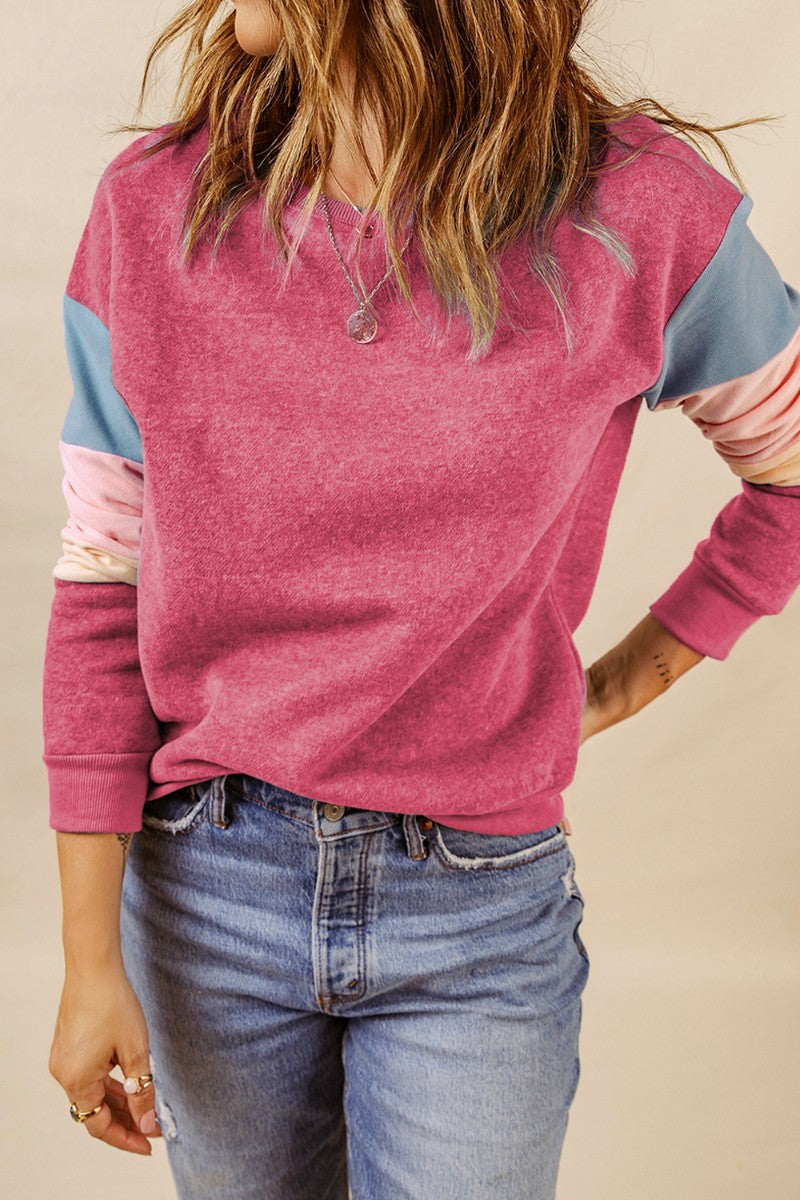 Color Block Round Neck Long Sleeve Sweatshirt Trendsi