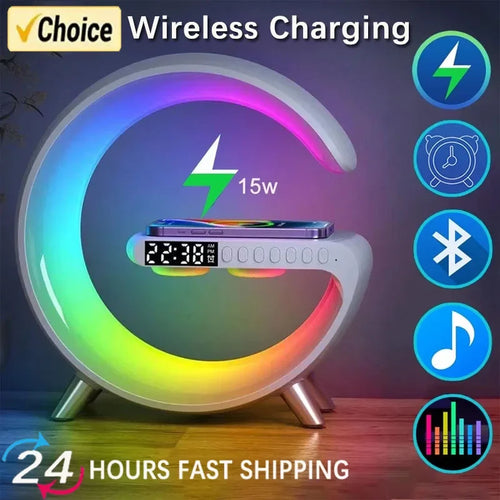 Wireless Charger Stand Pad RGB Alarm Clock Speaker