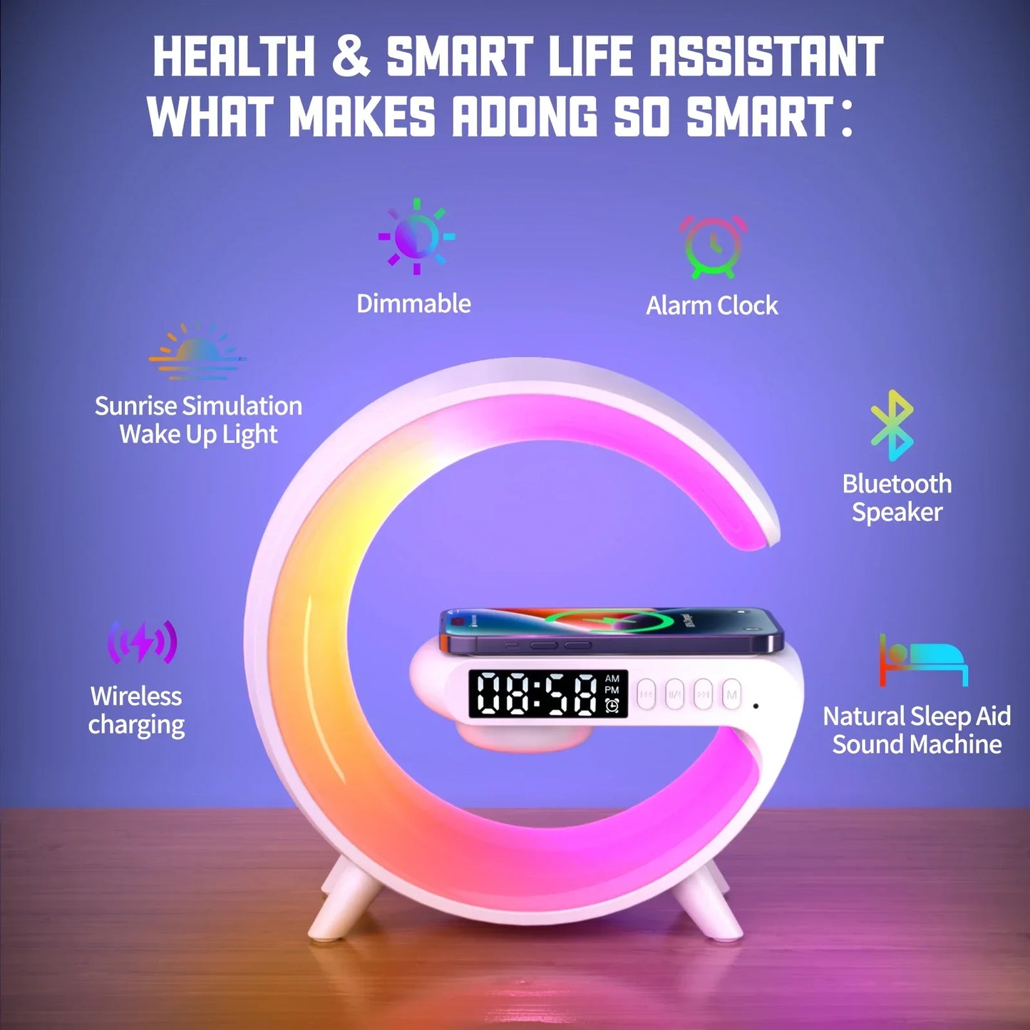 Wireless Charger Stand Pad RGB Alarm Clock Speaker