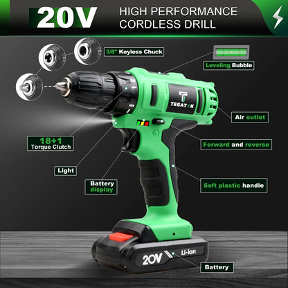 Tegatok 20V Cordless Power Drill,Position Drill with 18+1 ,  2AH Li-ion Battery&Fast Charger. World Bazaar Life