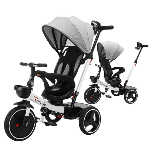 Baby Tricycle, 6-in-1 Baby Push Bike Steer Stroller, Detachable Guardrail, Adjustable Canopy, Safety Harness, Folding Pedal World Bazaar Life