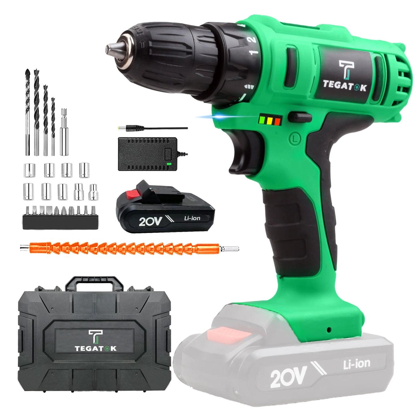 Tegatok 20V Cordless Power Drill,Position Drill with 18+1 ,  2AH Li-ion Battery&Fast Charger. World Bazaar Life