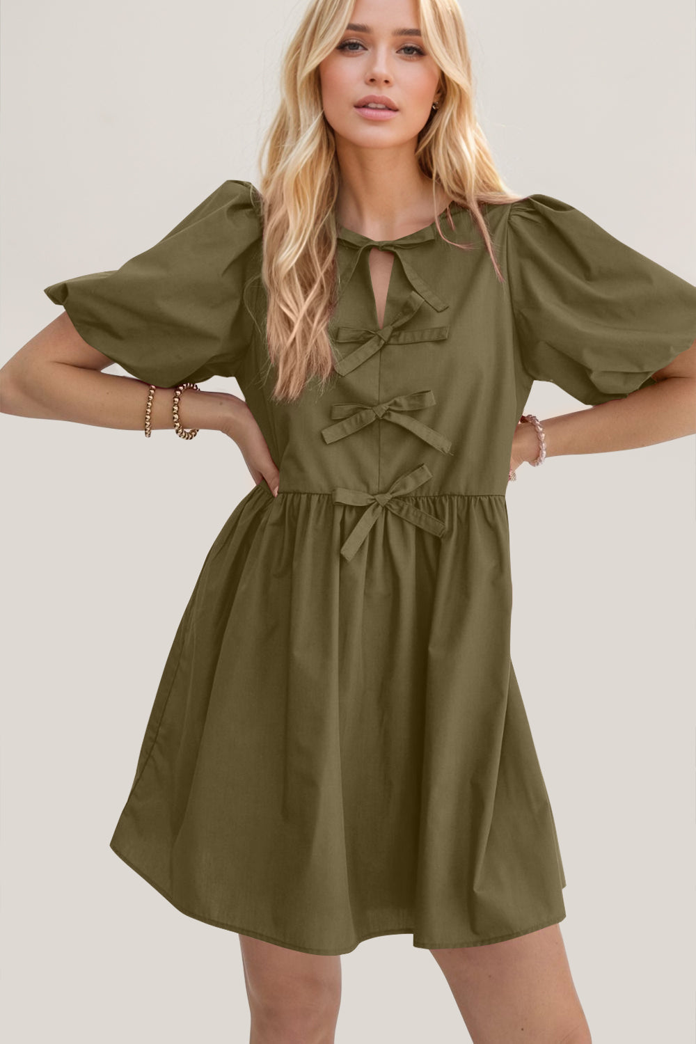 Oh Bow Ruched Puff Sleeve Mini Dress Trendsi