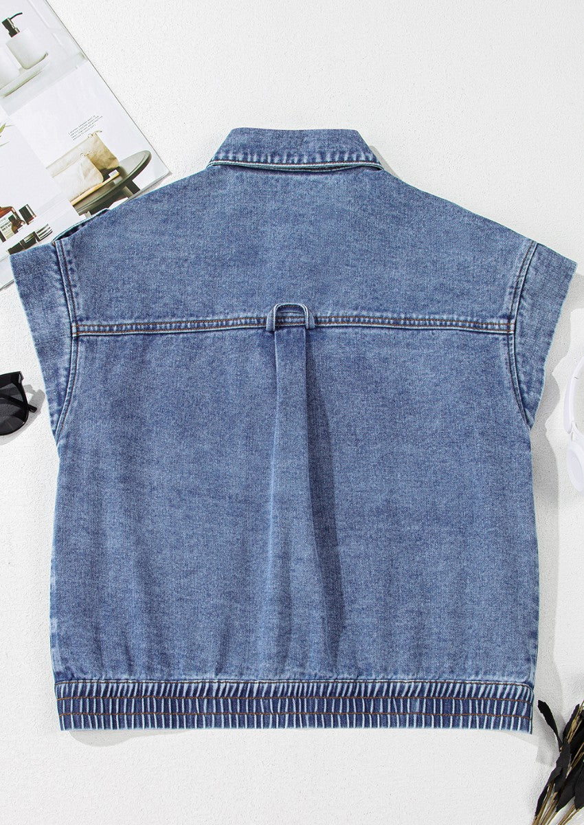 Button Up Cap Sleeve Denim Jacket Trendsi