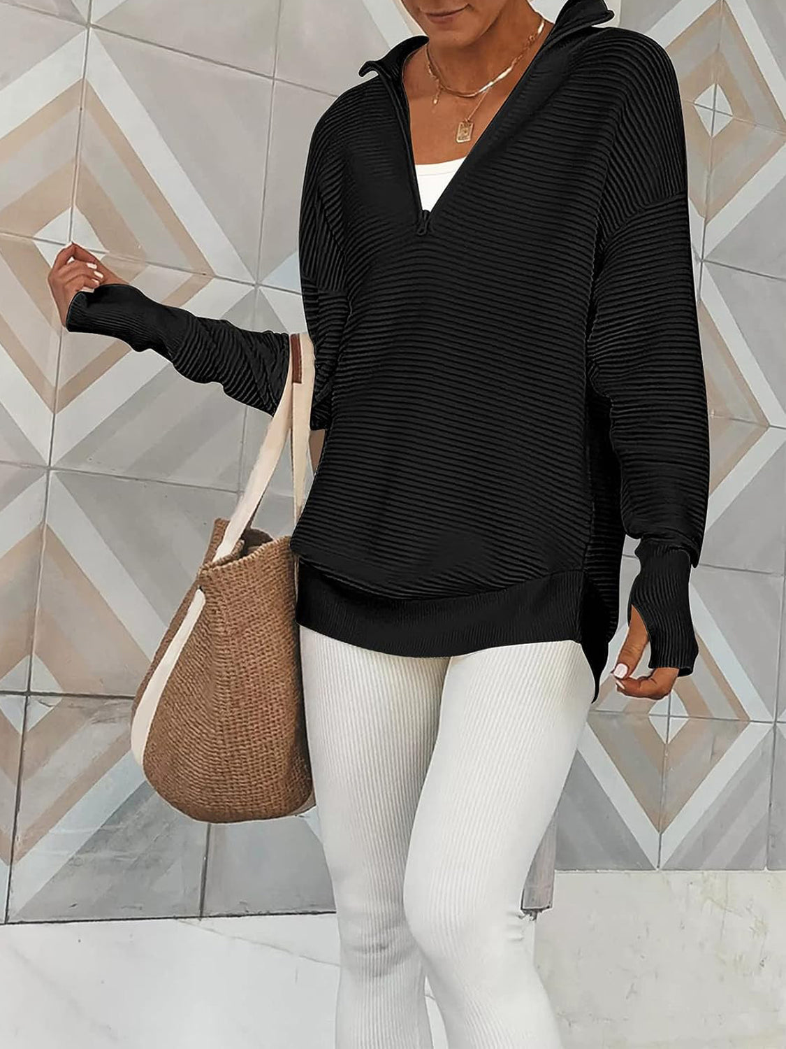 Half Zip Long Sleeve Knit Top Trendsi